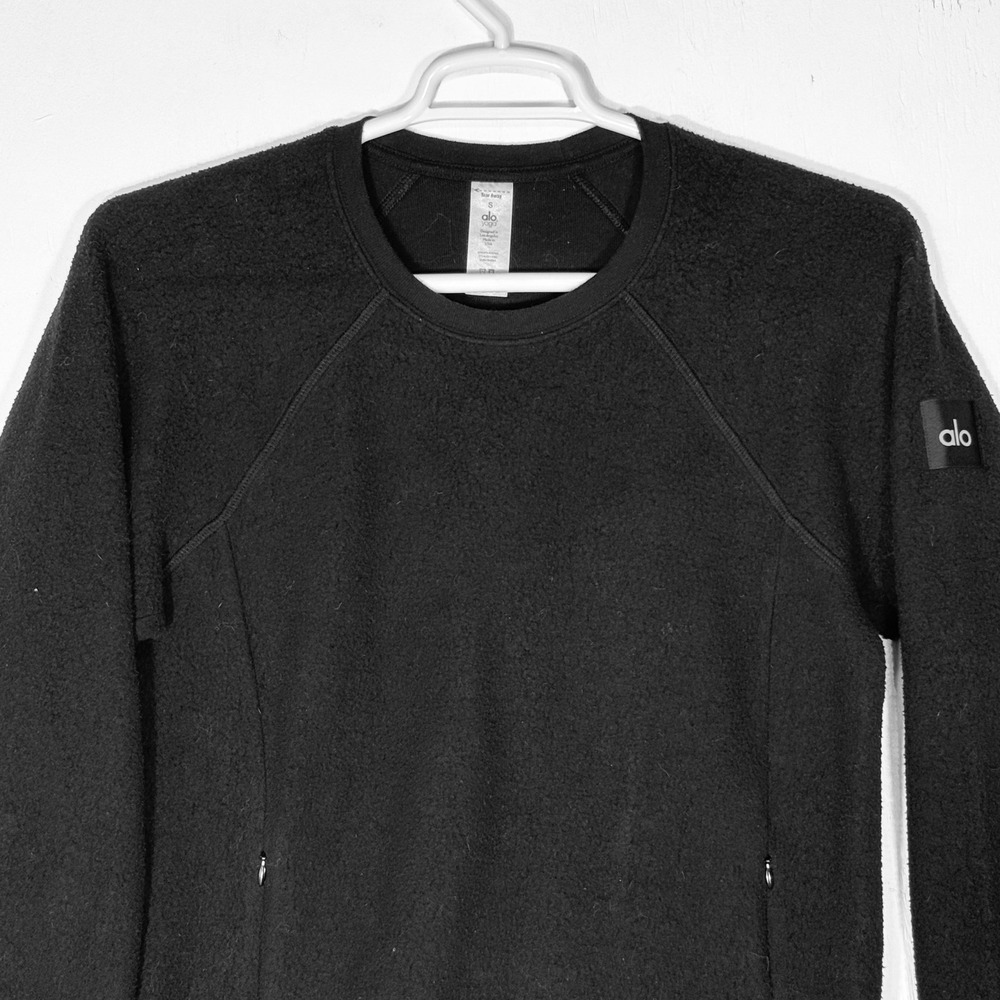 Alo Yoga Mens Black Triumph Fleece Crewneck Sweatshirt Zip Pockets